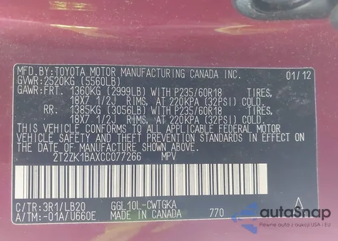 2012 Lexus Rx 350 from USA, damaged, VIN 2T2ZK1BAXCC077266